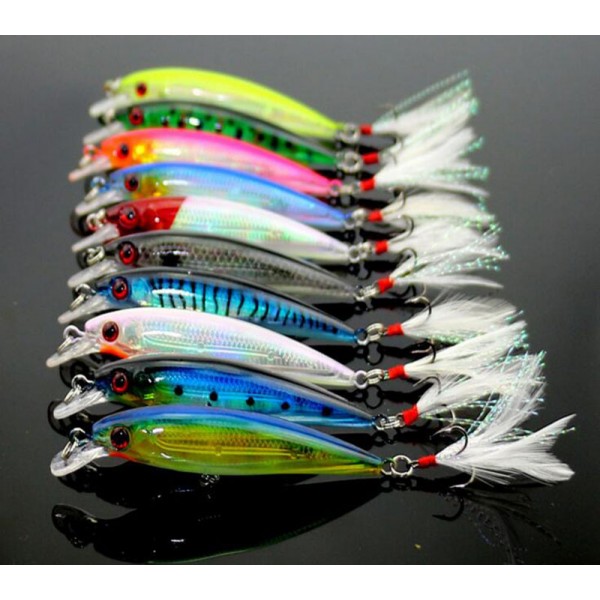 10Pcs Minnow Fishing Lure Swim Hard Bait 9cm 8g Artificial Plastic Feather wobbler Bait Crankbait Fishing Tackle