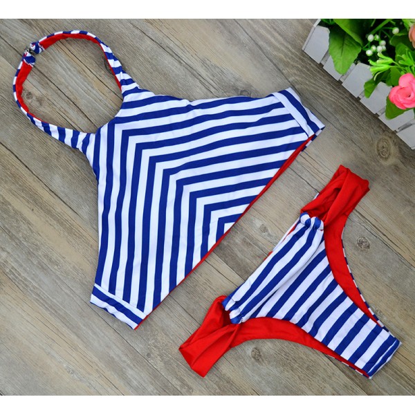 2016  New Retro Halter Swimsuit Reversible Bikini Bandage Swimwear Cut Out Swimsuit Brazilian Printed Summer Beach Suit 1614