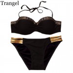 2016  Push up bikini women Bling Gold String swimsuit sexy bathing suit swimwear Deep V-shaped Bandeau Bikinis Black 13