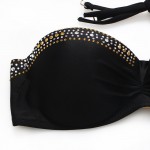 2016  Push up bikini women Bling Gold String swimsuit sexy bathing suit swimwear Deep V-shaped Bandeau Bikinis Black 13