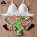 2016 New Arrival Crochet Bikini Sets Women Pure Handmade Top Sexy Halter Swimwear Floral Print Biquini Low Waist Swimsuit