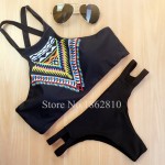 2016 New Women Bikinis High Neck Push up Bikini Set Geometry Black Swimwear Female Slim Print Swimsuit Biquini brazilian Beach