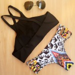 2016 New Women Bikinis High Neck Push up Bikini Set Geometry Black Swimwear Female Slim Print Swimsuit Biquini brazilian Beach