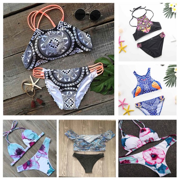 2017 Brazilian Bikini Women Sexy Micro Swimwear Off Shoulder Swimsuit Floral Bathing Suit High Neck Biquini Bandage Bikinis Set