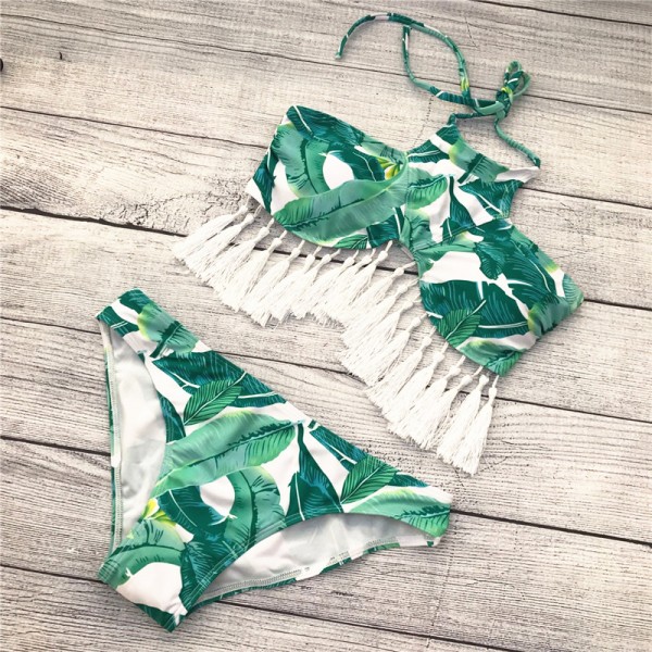 2017 Green Leaf Tassel Bikini Sexy Push Up Swimwear Retro New Design Swimsuit Padding Bathing Suit Beachwear Maillot De Bain