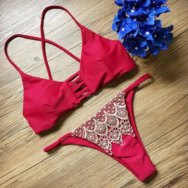 2017 Push Up Bikini Size S-L Red Swimwear Female Sexy Bikinis Set Strappy Women Brand Swimsuit Lace Brazilian Bathing Suit E631