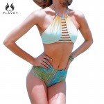 2017 Sexy Female Gradient Striped Biquini Strappy Bandage Swim Bathing Suit High Waist Swimsuit Swimwear Women High Neck Bikini