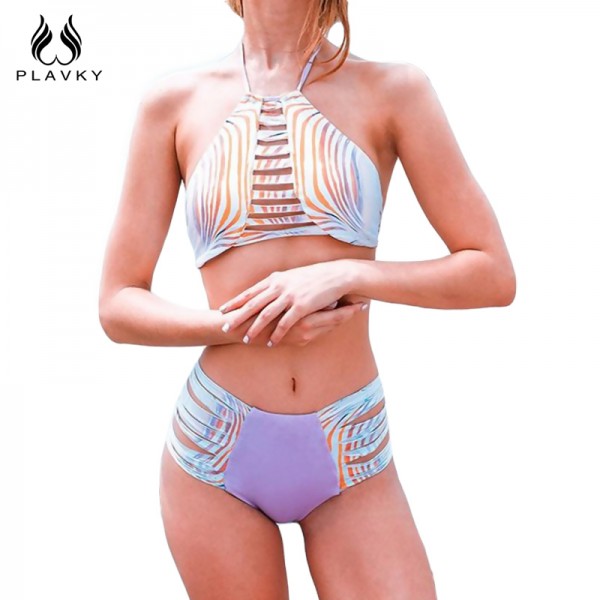 2017 Sexy Female Gradient Striped Biquini Strappy Bandage Swim Bathing Suit High Waist Swimsuit Swimwear Women High Neck Bikini