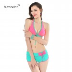 2017 Sexy Pad Bikini Push Up Swimwear Women Swimsuit Solid Halter Tankini Swimwear With Shorts Swim Suit For Women Bathing Suit