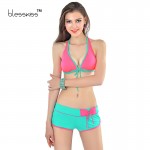 2017 Sexy Pad Bikini Push Up Swimwear Women Swimsuit Solid Halter Tankini Swimwear With Shorts Swim Suit For Women Bathing Suit