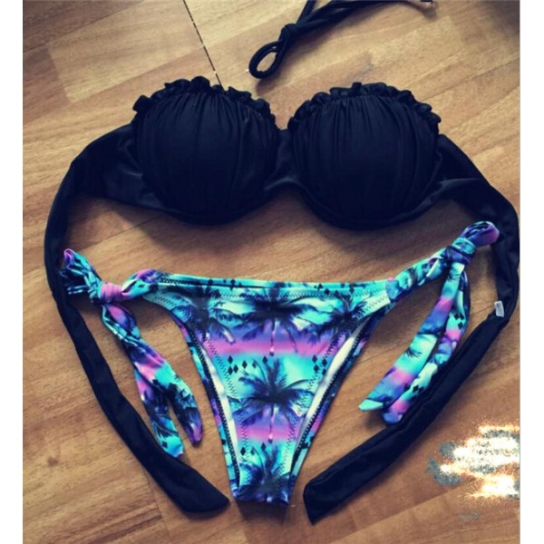 2017 Summer Beach Padded Push Up Bikini Set Palm Tree Tank Bikinis Womens Crop Top Racerback Sports Swimwear Swimsuit E418