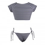 2017 Summer styles striped crop top Short sleeve shirt  thong bandage sexy bikinis set women swimwerar swimsuit bathing suit