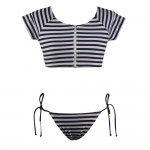 2017 Summer styles striped crop top Short sleeve shirt  thong bandage sexy bikinis set women swimwerar swimsuit bathing suit