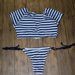 2017 Summer styles striped crop top Short sleeve shirt  thong bandage sexy bikinis set women swimwerar swimsuit bathing suit