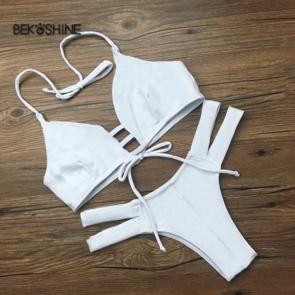 2017 Women Sexy Bikini Set Solid Bandage Swimwear Solid White Bikinis  push up retro Swimsuit Biquini bikini Bekoshine