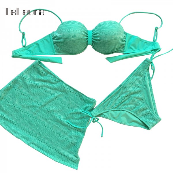 3 Pieces Swim Suit Skirt Swimwear Women Mesh Bikini Set Sexy Beachwear Swimming Suit For Women Push Up Bathing Suit 2017