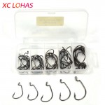 50 Pcs/Box High Carbon Steel Overturned Fishhook 2# 1# 1/0# 2/0# 3/0# Sharp Barbed Stainless Fishing Hooks + Plastic Tackle Box