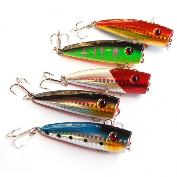 5pc Fishing Lures 5 colors Popper Lure 2.9"-7.3cm/0.39oz-11g fishing bait 6# high carbon steel hook fishing tackle