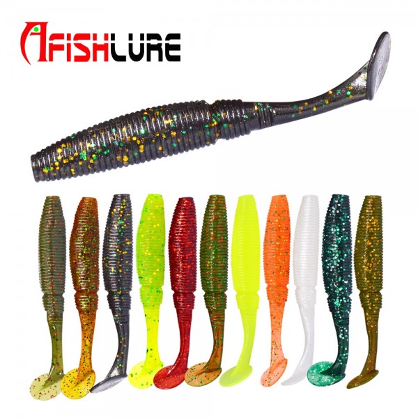 6pcs/lot  T Tail Soft Grub 75mm 3g soft fishing lure Abdomen open hook Paddle Tail Soft Lure artificial lure Bass Fishing bait