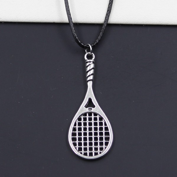 99Cents New Durable Black Faux Leather badminton tennis racket Pendant Cord Choker DIY Necklace Retro Boho Tibetan Silver