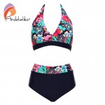 Andzhelika Bikins Women 2017 New Plus Size Swimwear Print Floral High Waisted Bathing Suits Swim Halter bikinis Set Biquini 