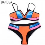 BANDEA Sexy 2016 Women Low Waist Beach Bikini Neon Swimwear Blue Bathing Swimsuit Neon Patchwork Bikini Set AD700