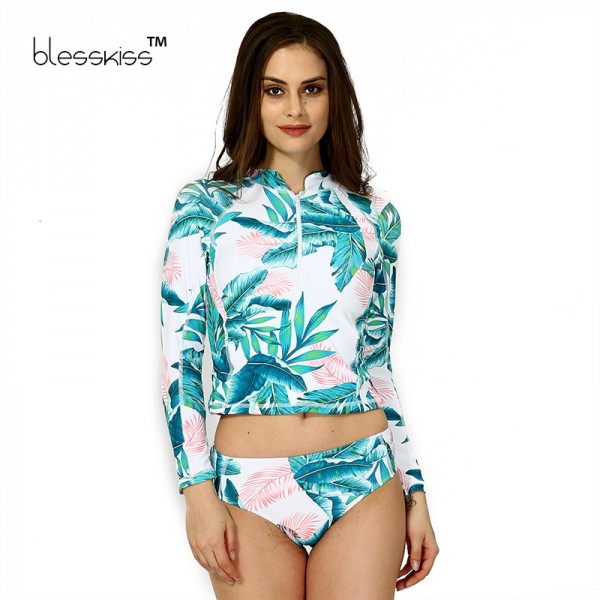 BLESSKISS Print Floral Long Sleeve Swimwear Women Bikini 2017 Crop Top Surfing Beachwear Plus Size Tankini Swimsuit Swim Suits