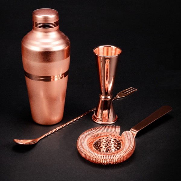 Bar Set: Premium Copper Plated Shaker Barware Set - 4 Pieces Bartender Kit Includes shaker (410ml), Jigger, Strainer & Spoon