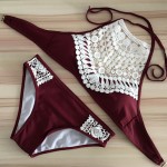 Black Wine Red Lace Cropped Swimsuit High Neck Tank Bathing Suit Beach Wear Swimming Suit For Women Swimwear Bikini Set E915