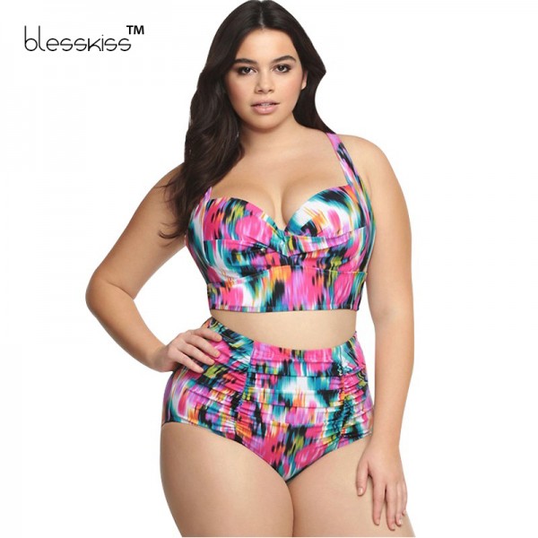 Blesskiss Plus Size Push Up Swimwear High Waist Bikini 2017 Print Retro Underwire Large Size Swimsuit For Women Swim Suits XXXL