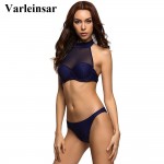 Blue mesh high neck bikini set cup bra push up bikini female swimwear women sexy two pieces swimsuit bathing suit swim wear V04