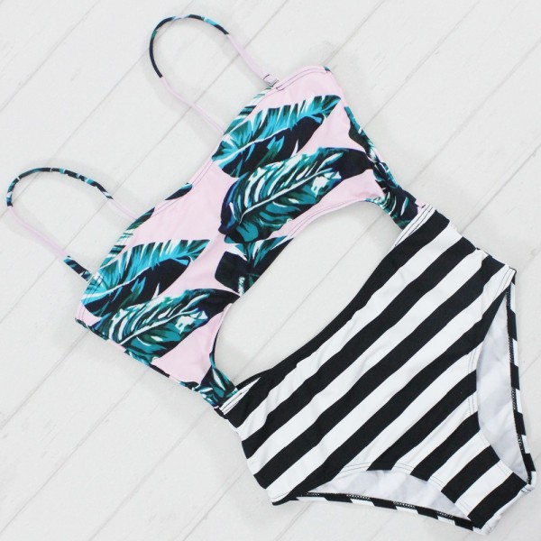 Brand 2017 Bikinis Women Swimsuit Floral Top Stripe Bottom Swimsuit High Waist Bikini Brazilian Biquini Tropical Bathing Suit