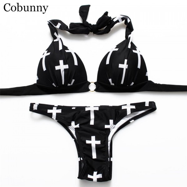 COBUNNY Cross Padded Halter Black Bikini Retro Swimsuits Thong Swimwear Sexy Women Beachwear Brazilian Biquini Sexy Bikini 2017