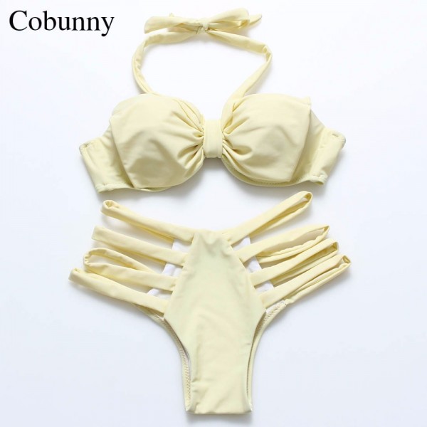 Cobunny 2017 New Solid Yellow Women Push up Retro Halter Bikini Swimsuit Swimwear Strapless Bow String sexy Beachwear Biquini