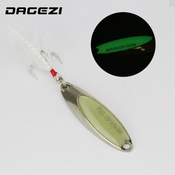 DAGEZI Luminous Metal Spinner Spoon Fishing Lure Hard Baits Sequins Noise Paillette with Feather Treble Hook 10/15/20g