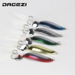 DAGEZI Metal Sequins Fishing Lure 5pcs/lot Spoon Lure with feather Noise Paillette Hard Baits Treble Hook Pesca Fishing Tackle 