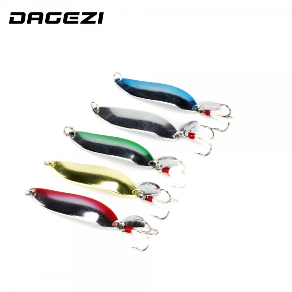 DAGEZI Metal Sequins Fishing Lure 5pcs/lot Spoon Lure with feather Noise Paillette Hard Baits Treble Hook Pesca Fishing Tackle 