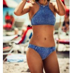 Denim Printing Bikinis Set Blue Swimsuits High Neck Crop Top Tank Bikini Beach Swimwear Push Up Brazilian Bathing Suit E507