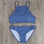 Denim Printing Bikinis Set Blue Swimsuits High Neck Crop Top Tank Bikini Beach Swimwear Push Up Brazilian Bathing Suit E507