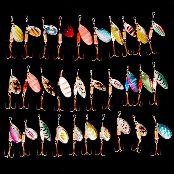 Free shipping Fishing Lure Spinner Bait 30pcs Spinnerbait Metal Hard Lure Artificial Isca spoon Multi Color/size/depth