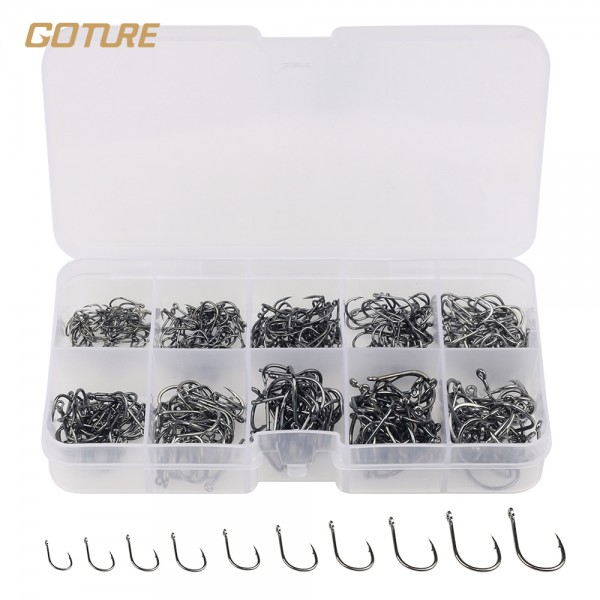 Goture 500pcs Black Carbon Steel Fishing Hooks Fishhooks  3# -12# 10 Sizes Plus Fishing Tackle Box