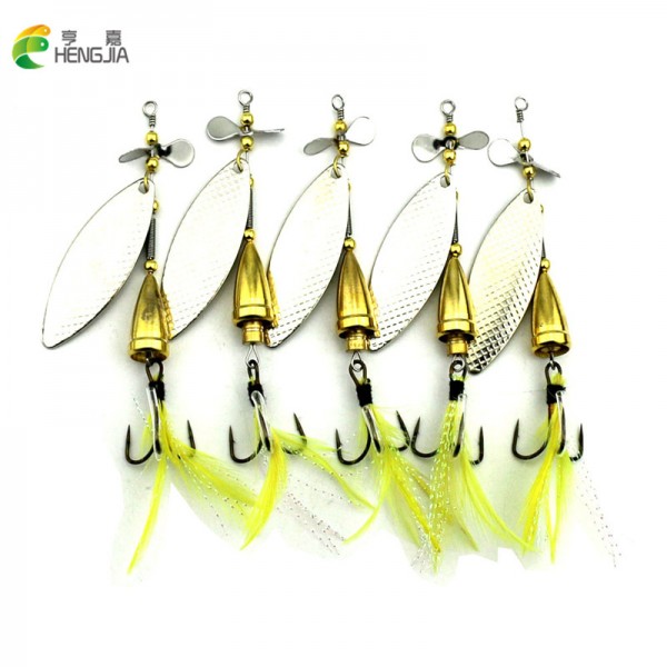 HENGJIA 5 pieces/lot 10cm 13g Silver Spinner Spoon Fishing lures Metal Fishing Tackle yellow Feather Hook