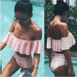 High Waisted Swimwear Women Off Shulder Bikini Set Bandeau New 2017 Ruffle Vintage Bikini Swimsuit Cut Out Bottom Bathing Suits