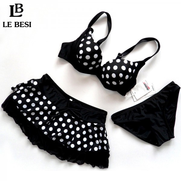 LEBESI 2017 New Dot Skirt Bikini Three-piece Female Swimsuit Plus Size Underwire C D E Cup Bikinis Set Swimwear Fast Shipping