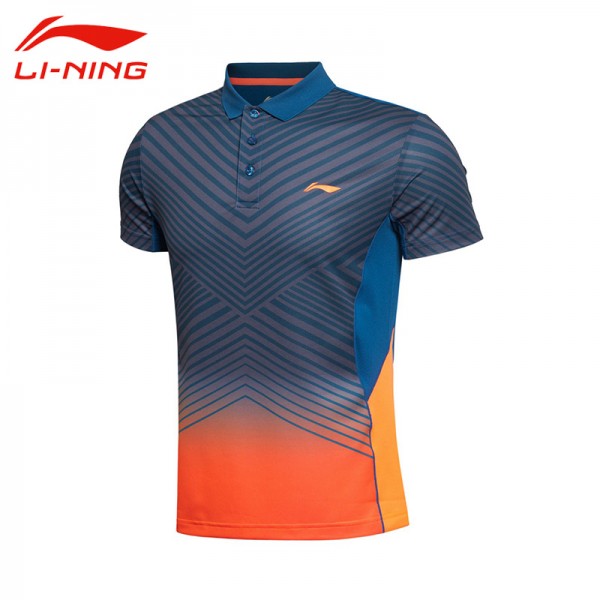 Li-Ning Men's Professional Badminton Jersey Li Ning Breathable Stripe Quick Dry Short Sleeve Sports Polo AAYK299