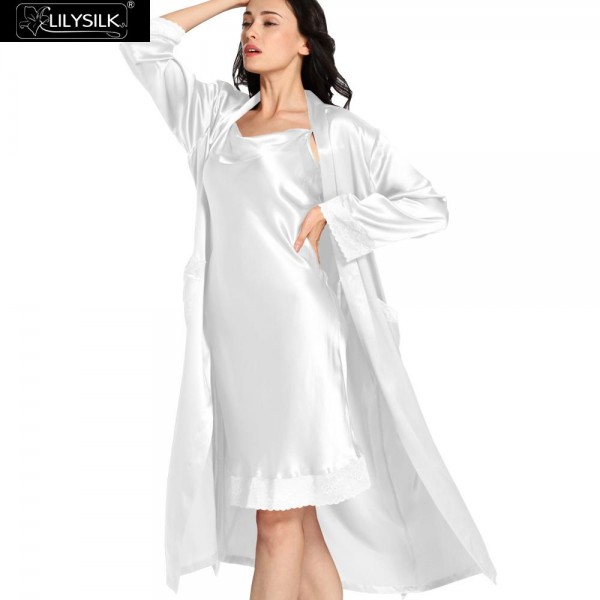 Lilysilk 100% Silk Nightgown Robe Set With Pocket Women 22 Momme Long Sleeve Lace Luxury Lingerie Pure Wedding Bride Sleepwear