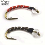 MNFT 10PCS 12# Brass Golden head Red & Silver,Brown&Silver Midge Fly Pupa Larva Nymph for Fly Fishing,2 Colors Choice