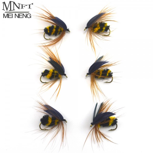 MNFT 6PCS #10 Black & Yellow Bumble Bee Fly Fishing Bass Trout Insect Lure Dry Flies Nymph Angling