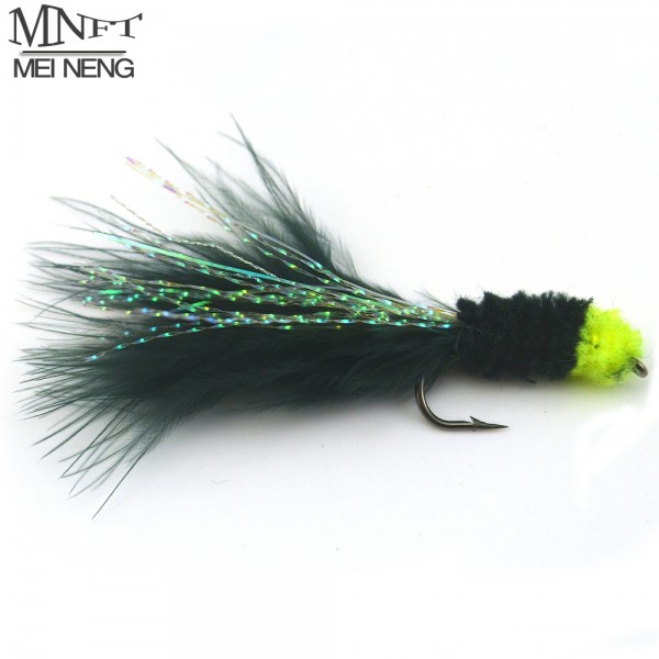 MNFT 6PCS 6# Black Egg Sucking Leech Fly Yellow head Marabou with Flashabou Trout Fishing Streamer