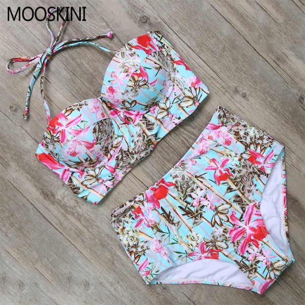 MOOSKINI Sexy Floral Printed Summer Beach Bathing Suit Push Up Swimsuit Women Swimwear Bikini Set High Waist Beachwear 2017 